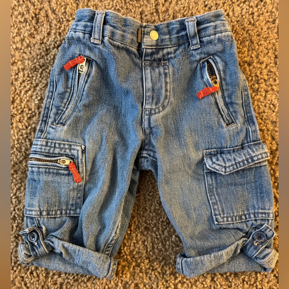 Faded Glory Blue Denim Cargo Kids Pants with Orange Zipper Pulls